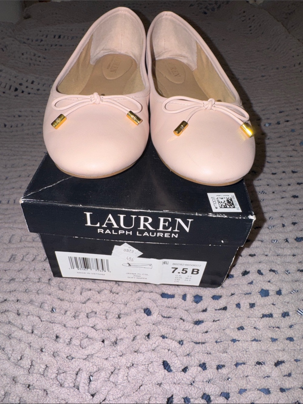 Lauren Ralph Lauren Nude/Cream Ballet Flats with Bow and Gold-Tip Accents